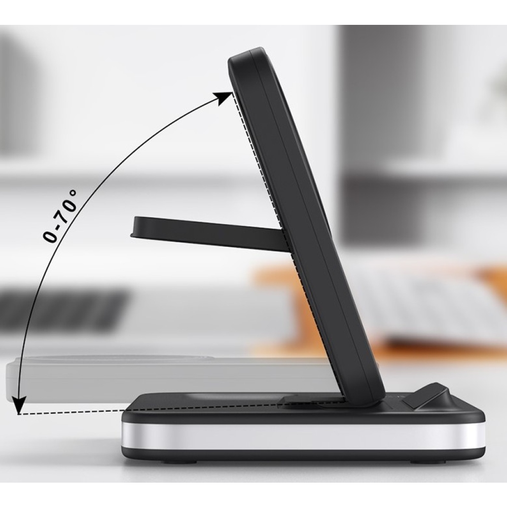 E16 Összecsukható Vezeték Nélküli Töltőállomás 3 az 1-ben Éjszakai Fénnyel - Fekete