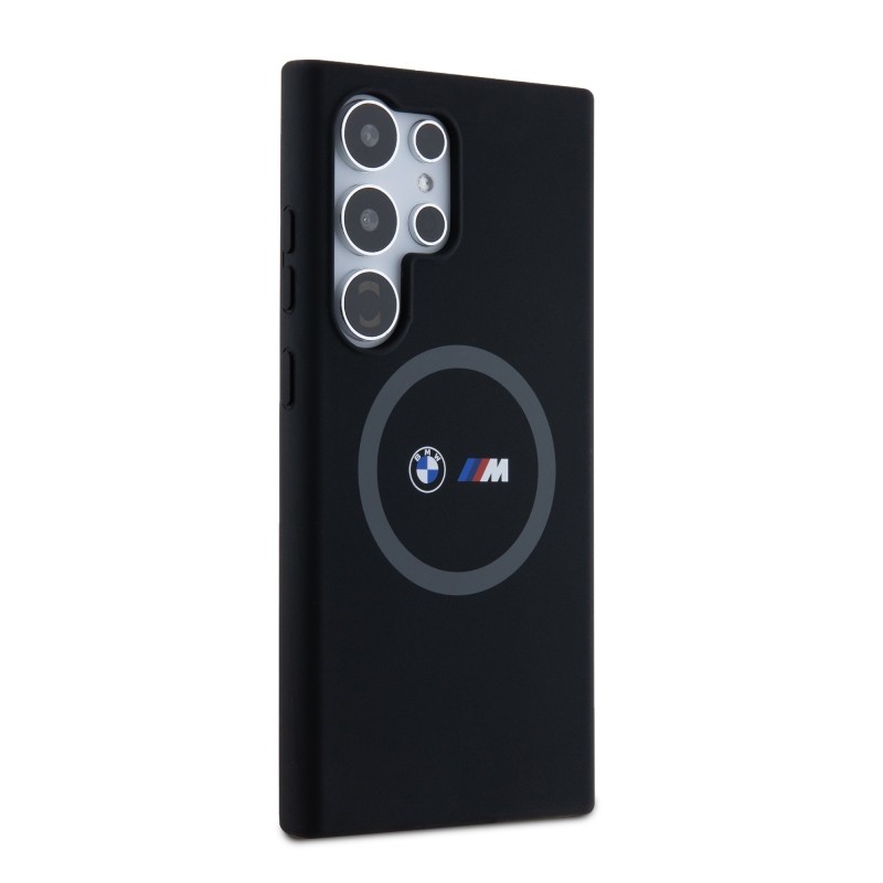 BMW M nyomtatott kerek és logó Magsafe szilikon borító Samsung Galaxy S24 Ultra fekete