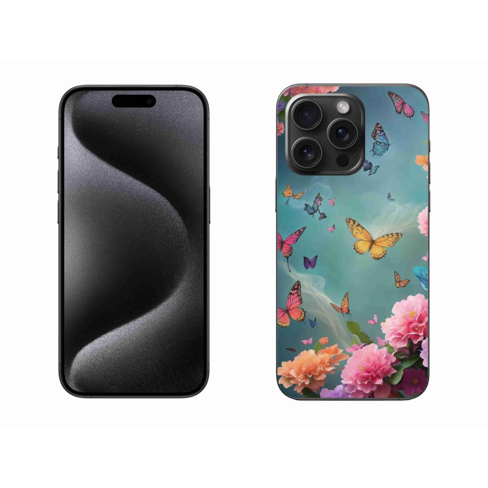 Zselés borítás mmCase iPhone 15 Pro Max készülékhez - színes virágok és pillangók