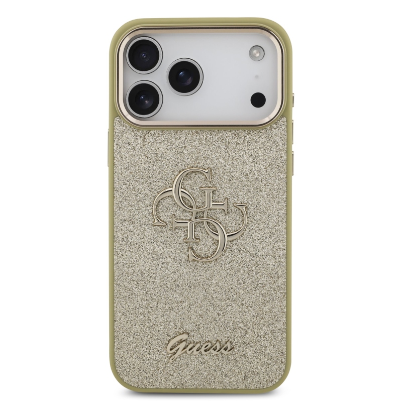 Guess PU Fixed Glitter 4G fémkeret hátsó borító iPhone 17 Pro Max-hoz Arany