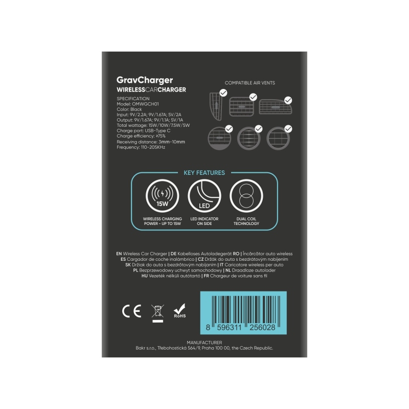 CSOMAG:ME GravCharger vezeték nélküli autós töltőtartó 15W Fekete