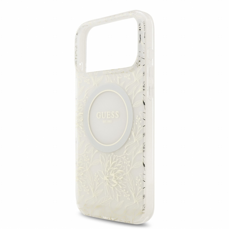 Guess IML Flowers Allover Strap MagSafe hátsó tok iPhone 18 Pro Max-hoz, fehér