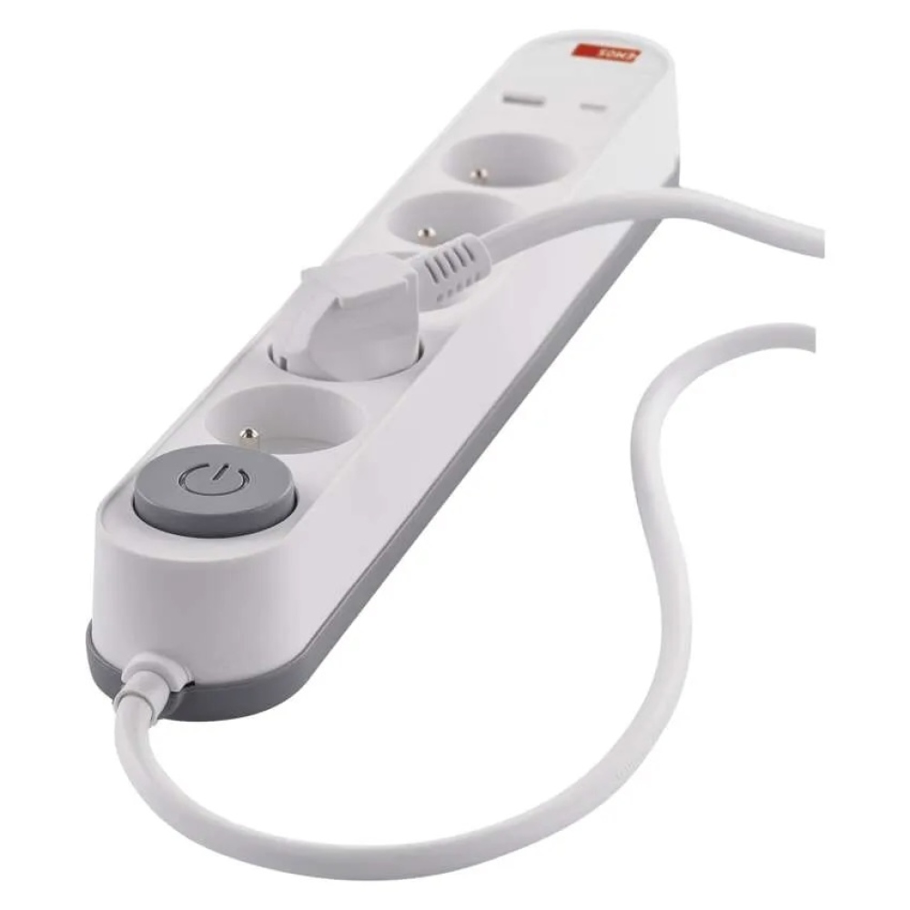 Hosszabbító kábel 3 m / 5 aljzat / kapcsolóval / fehér / 1×USB-A + 1×USB-C / 1,5 mm2