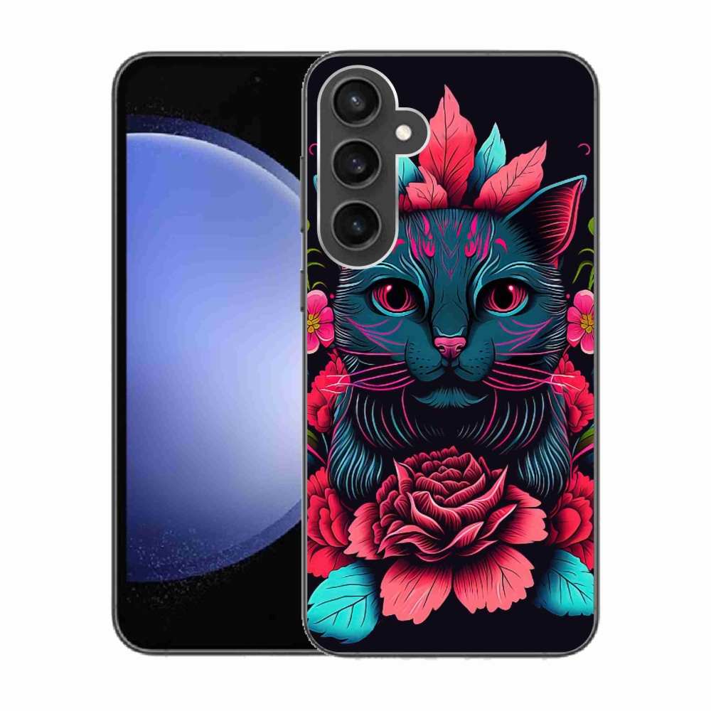 Gél borítás mmCase Samsung Galaxy S23 FE - virágok és macska