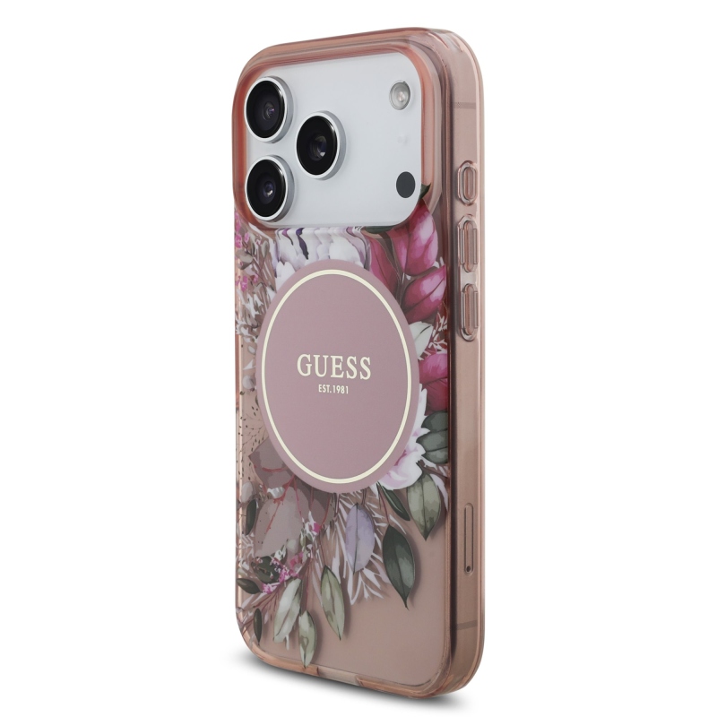 Guess IML Flowers Strap MagSafe hátlapi borító iPhone 17 Pro rózsaszínhez