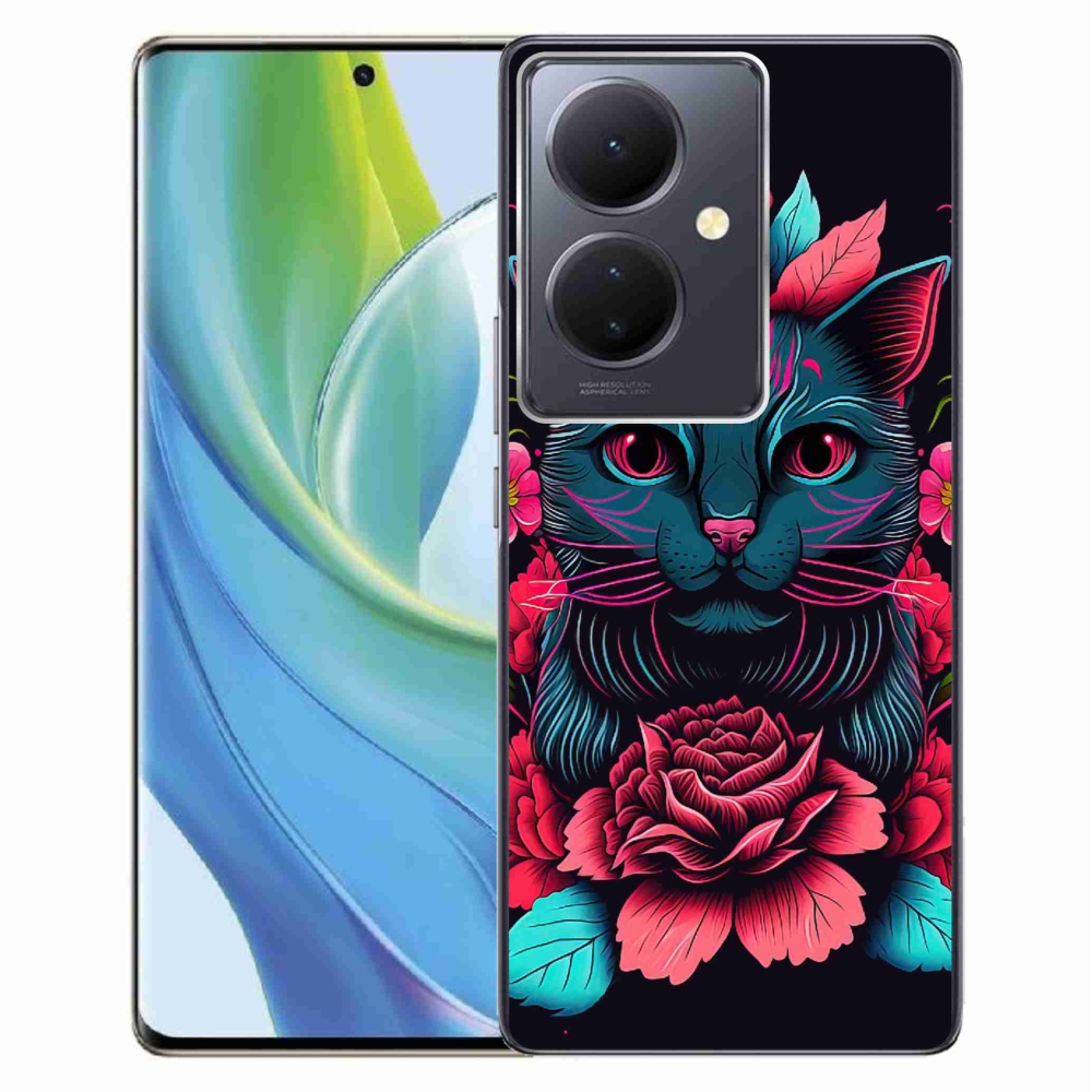 Gél borító mmCase a Vivo V29 Lite 5G-hez - virágok és macska