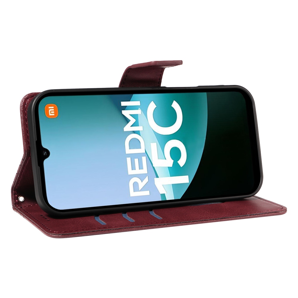 Rácsos könyv tok Xiaomi Redmi 15C 4G/5G (173mm) - bordó színű