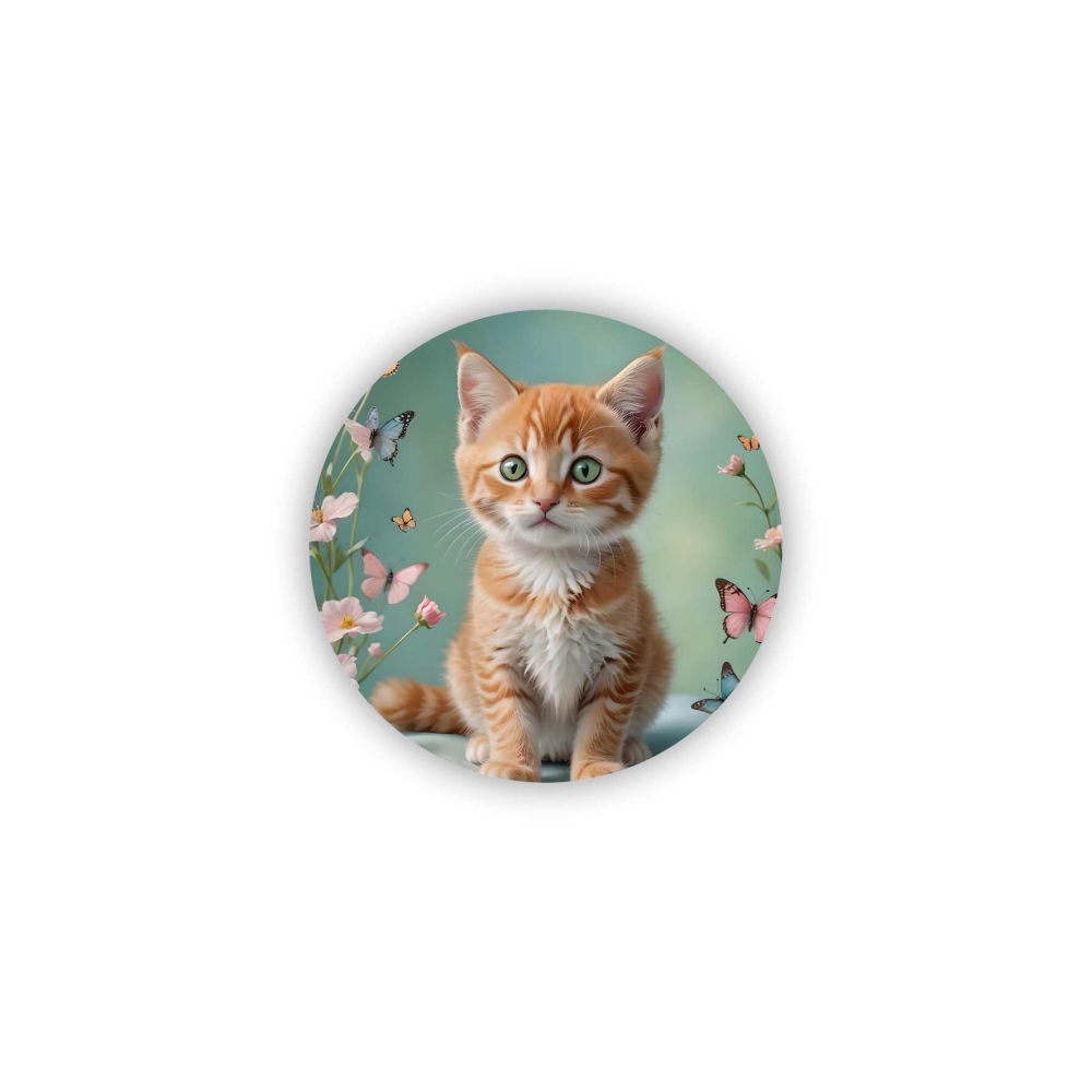 65x65mm-es kör alakú mágnes - cica a pillangókertben