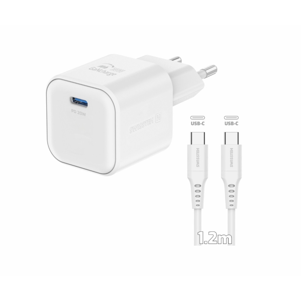 Swissten GaN 1x USB-C 20W Power Delivery + USB-C/USB-C 1,2m kábel - fehér