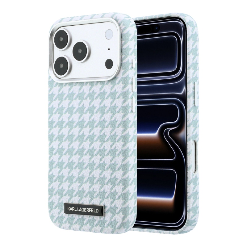 Karl Lagerfeld PU Houndstooth gyantalemez MagSafe hátlapi borító iPhone 17 Pro kékhez