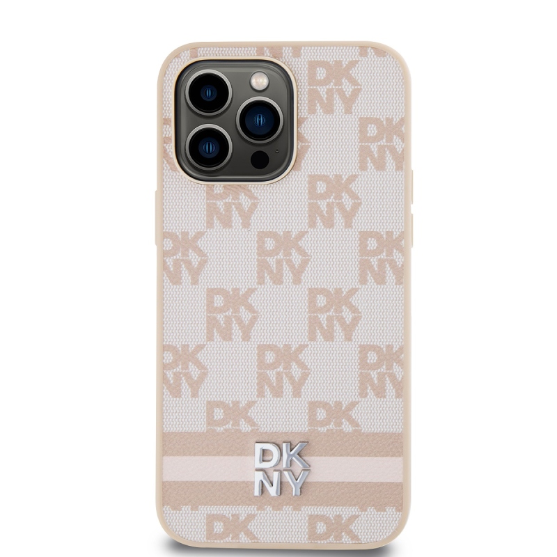 DKNY PU bőr kockás mintás és csíkos hátlapi borító iPhone 15 Pro Max rózsaszínhez