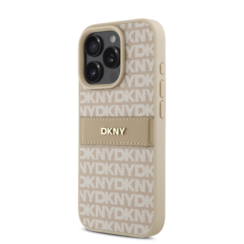 DKNY PU bőr ismétlődő mintás tonális csíkos hátsó borító iPhone 16 Pro Max rózsaszínhez