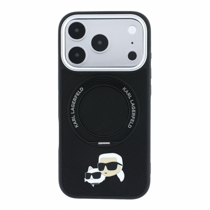 Karl Lagerfeld PU Grained K&CH Heads Ring Stand Magsafe hátsó tok iPhone 18 Pro Max-hoz, fekete