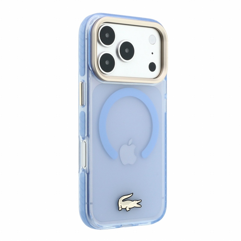 Lacoste IML ütésálló Petit Pique arany logós MagSafe hátsó tok iPhone 18 Pro-hoz, kék