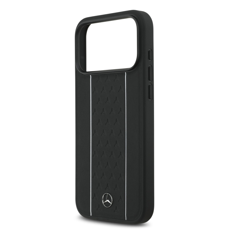 Mercedes Bőr csillagmintás és csíkos MagSafe hátlap iPhone 17 Pro Max fekete/fehér színű bőrborításhoz