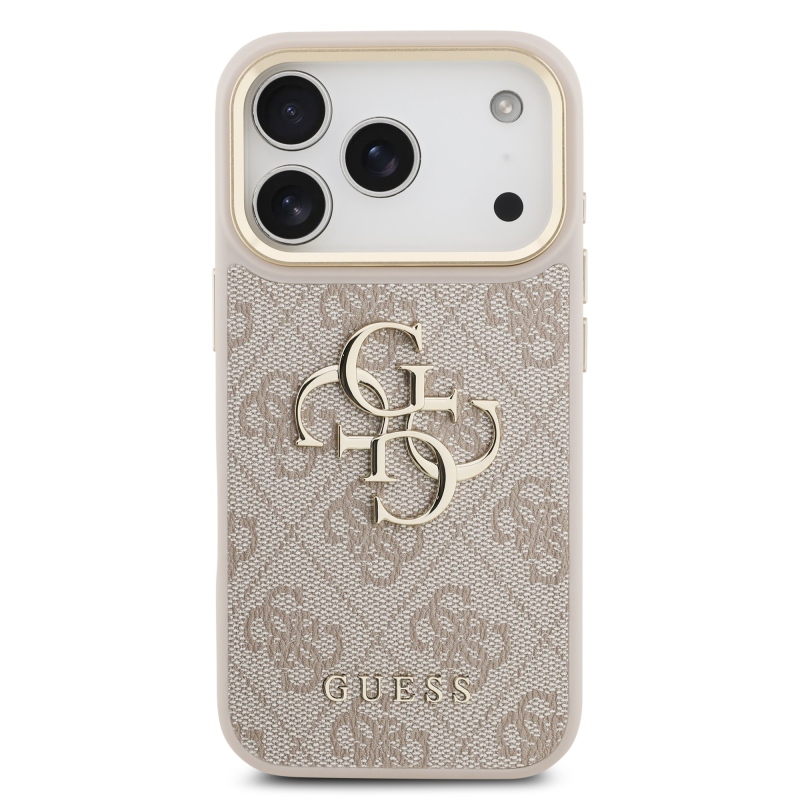 Guess PU bőr 4G fém logós, arany keretes hátsó tok iPhone 18 Pro-hoz, rózsaszín