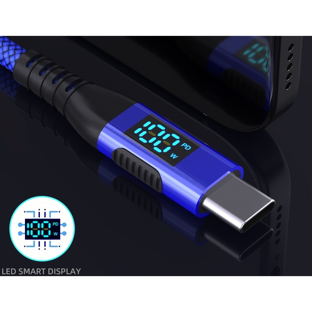 Nejlon USB-C / USB-C kijelzőkábellel 1m 100W - kék