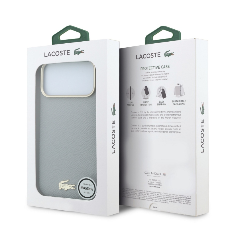 Lacoste PU bőr Champs-Élysées arany logós MagSafe hátsó tok iPhone 18 Pro-hoz, világosszürke