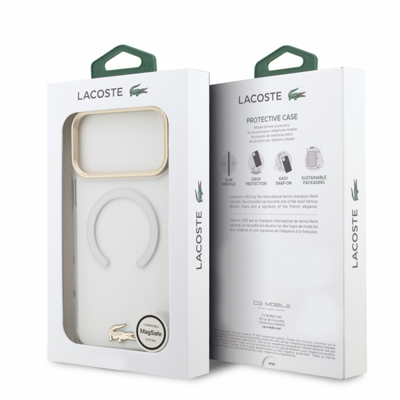 Lacoste IML ütésálló Petit Pique arany logós MagSafe hátsó tok iPhone 18 Pro Max-hoz, átlátszó