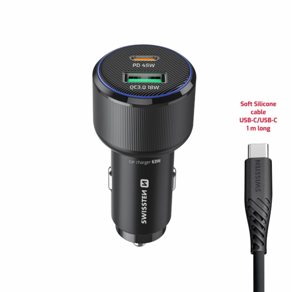 Swissten CL adapter USB-C PD + USB-A, 63W - fekete + USB-C / USB-C kábel, 1m