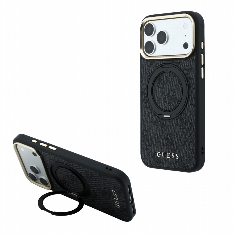 Guess PU 4G Ring Stand MagSafe hátlap az iPhone 18 Pro-hoz, fekete