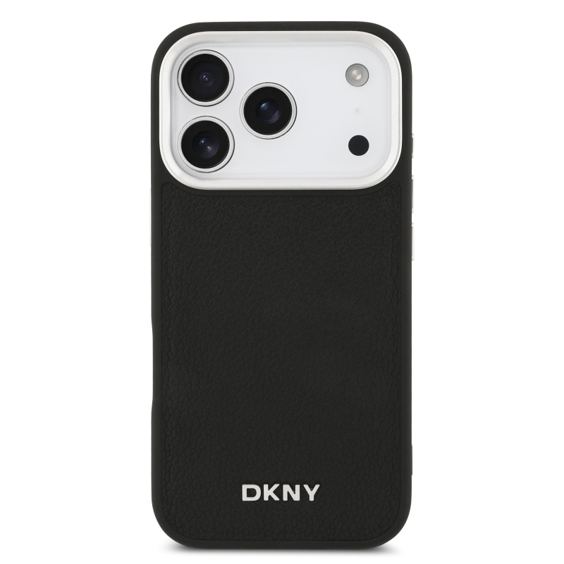 DKNY PU bőr fém logós csuklólánc MagSafe hátlap iPhone 17 Pro fekete színűre