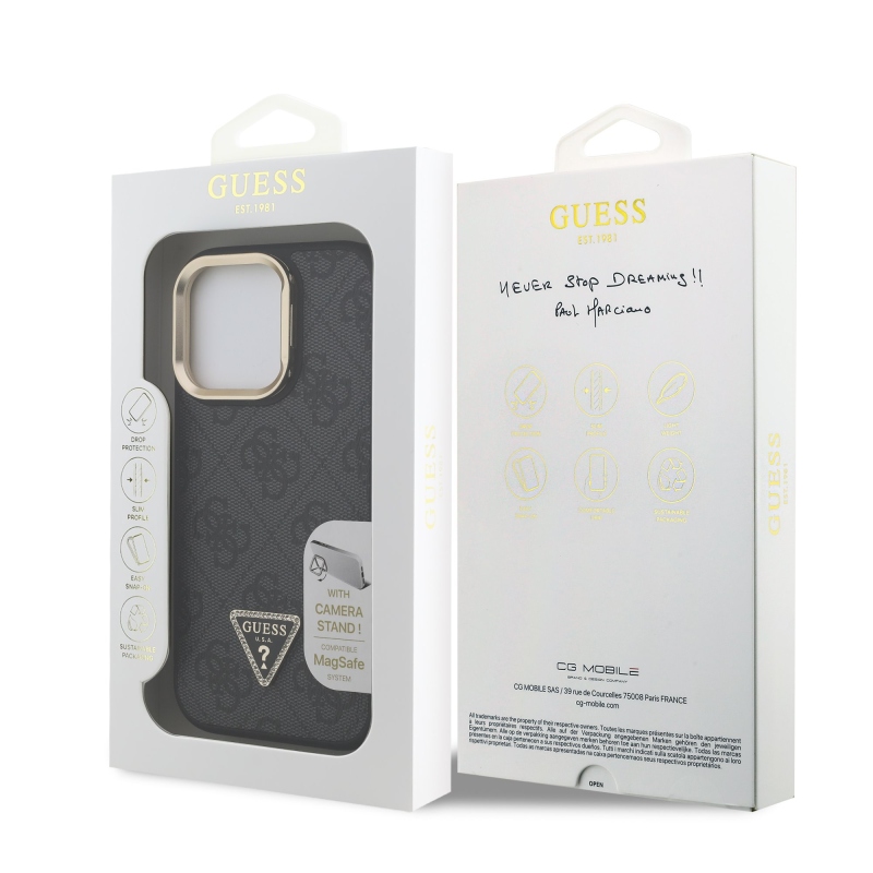 Guess PU 4G Strass háromszög logó állvány kamerakeret MagSafe hátlapi borító iPhone 15 Pro Max-hoz Fekete