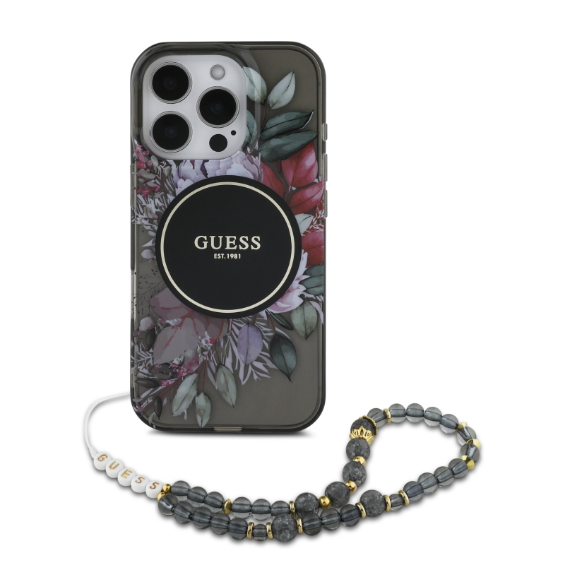 Guess IML Flowers Pearl Strap MagSafe hátlapi borító iPhone 16 Pro Max-hoz Fekete