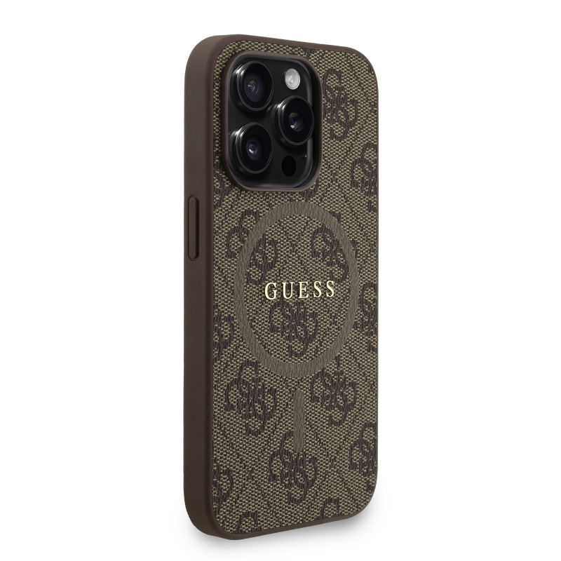 Guess PU bőr 4G színes gyűrűs pánt MagSafe hátsó borító iPhone 15 Pro barna színhez