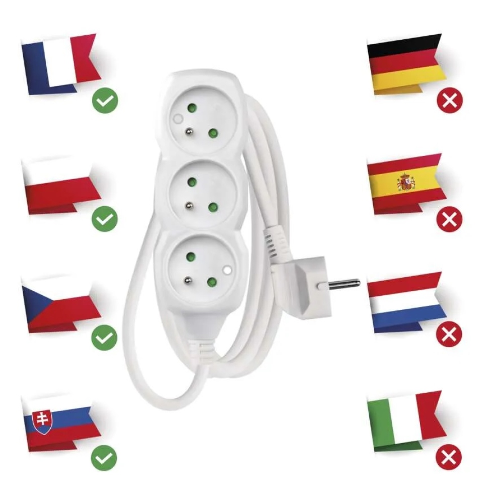 Hosszabbító kábel 1,5 m / 3 aljzat / fehér / PVC / 1 mm2