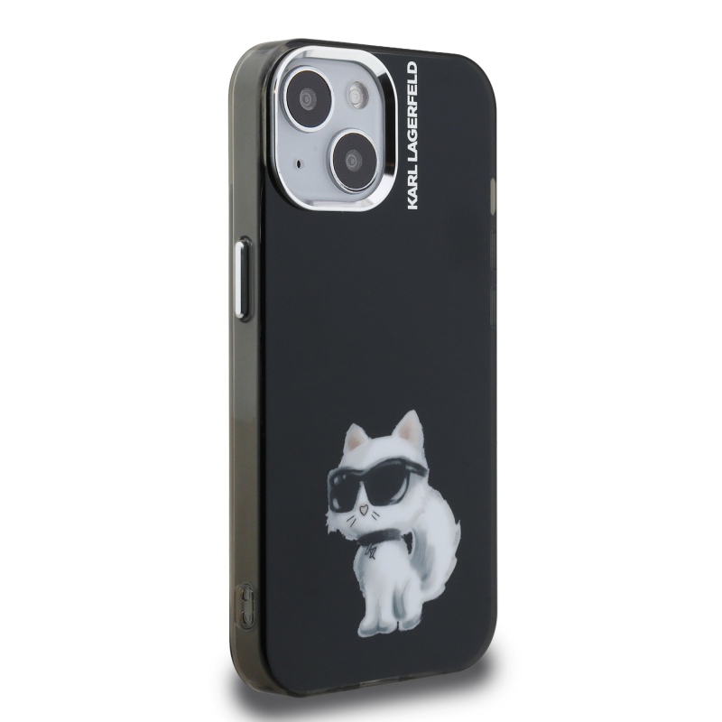 Karl Lagerfeld IML Aquarelle Choupette hátlapi borító iPhone 15-hez Fekete