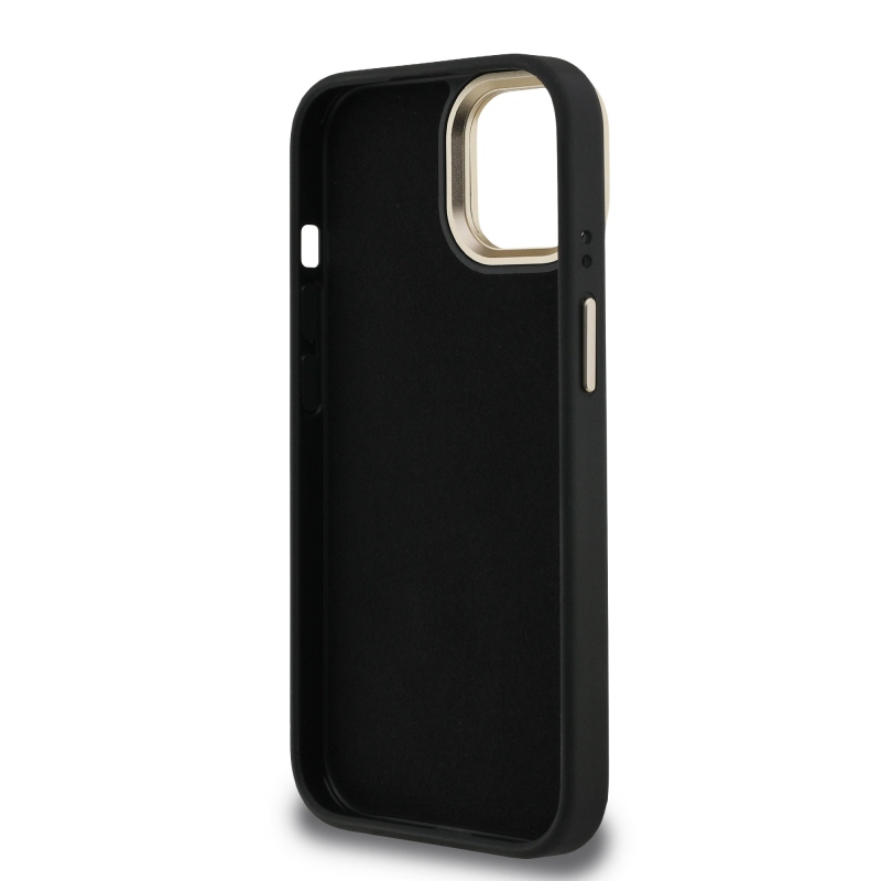 Guess PU 4G fém logó állvány kamera keret hátlapja iPhone 15 Fekete fekete