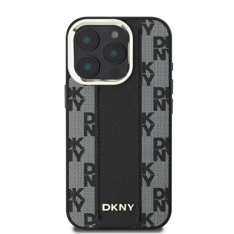DKNY PU bőr kockás mintás Magsafe hátlap iPhone 16 Pro Max-hoz Fekete