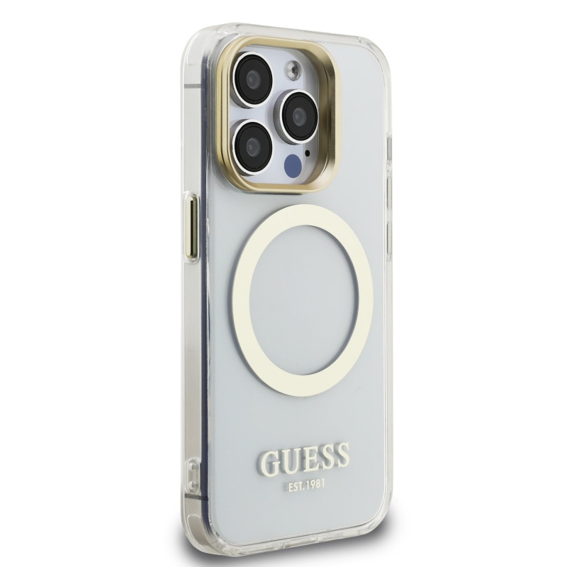Guess IML Gold Outline Stand Kamera keret MagSafe hátlapi borító iPhone 15 Pro átlátszóhoz