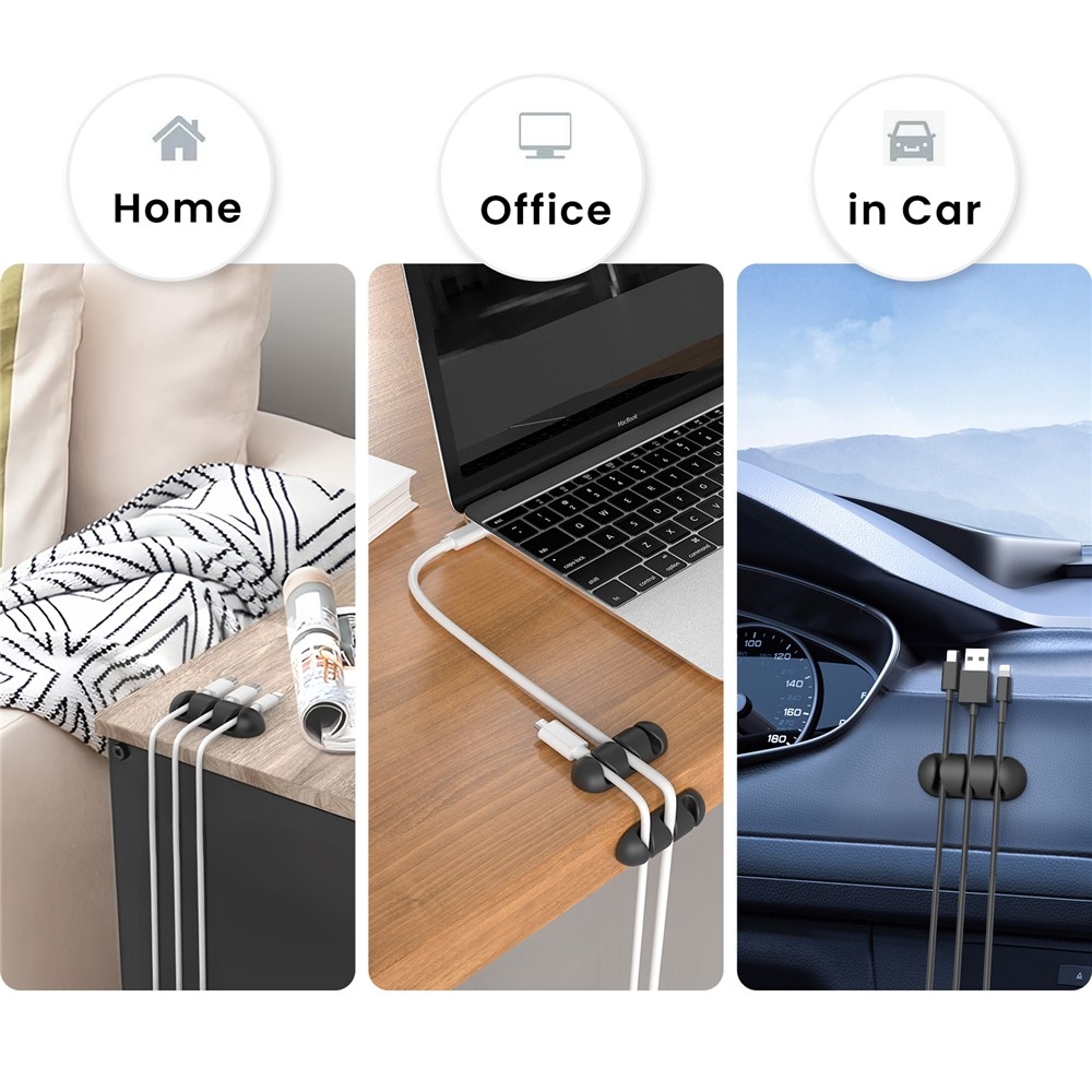 Szilikon kábeltartó 3 horonnyal és öntapadós rögzítéssel - fekete