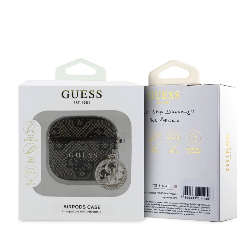 Guess 4G Script PC/PU Charm tok AirPods 4 barna bőrhöz