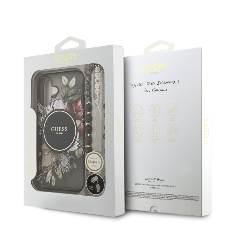 Guess IML Flowers Strap MagSafe hátlapi borító iPhone 17 Fekete