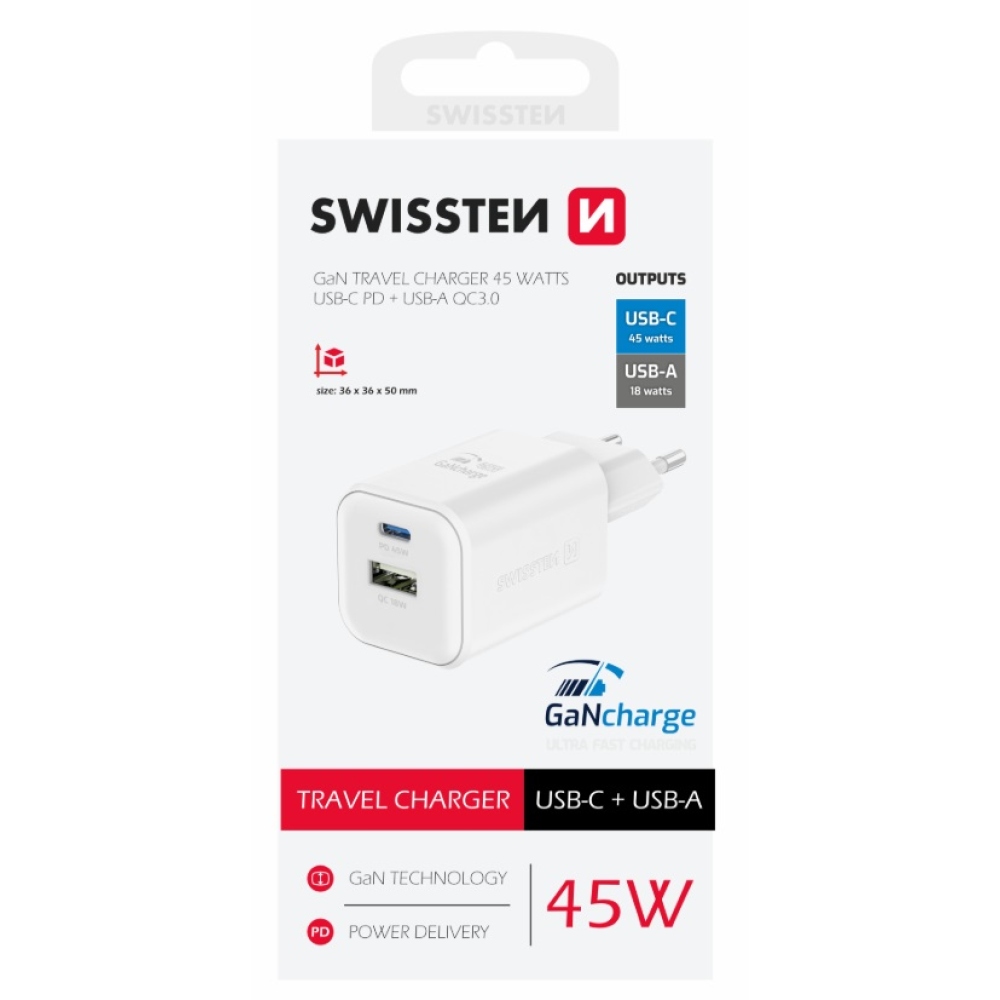 Töltő Swissten GaN 1x USB-C 45W PD + 1x USB-A 18W QC - fehér