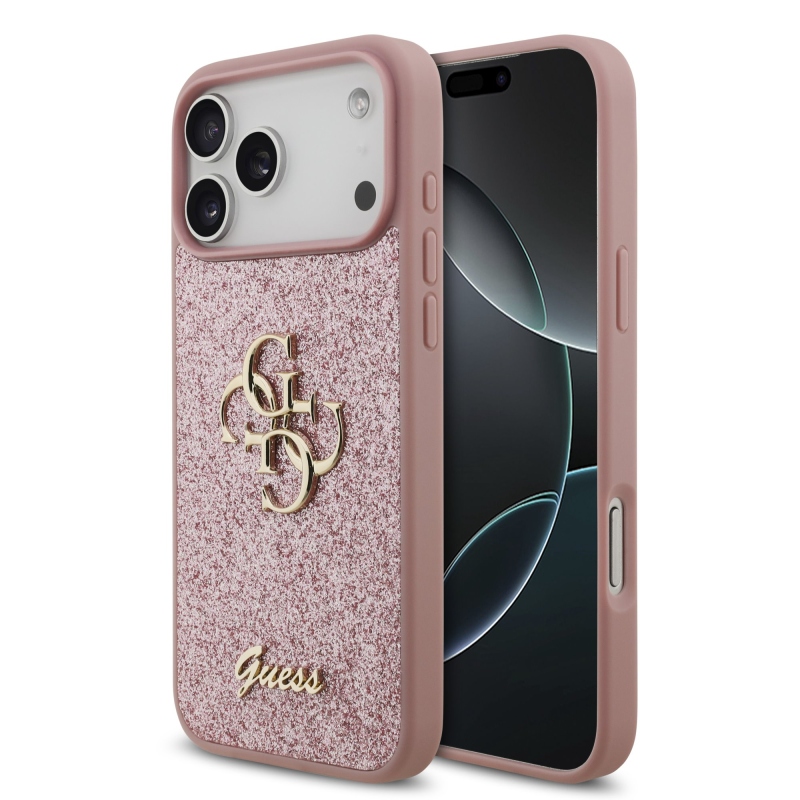 Guess PU Fixed Glitter 4G fém logós hátsó tok iPhone 18 Pro Max-hoz, rózsaszín