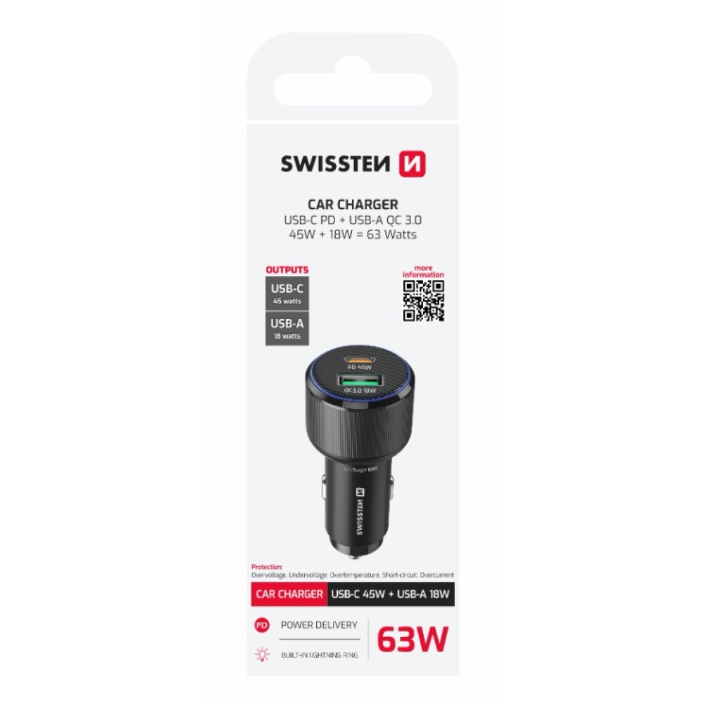 Swissten CL adapter USB-C PD + USB-A, 63W - Fekete