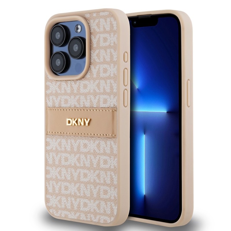 DKNY PU bőr ismétlődő mintás tonális csíkos hátlapi borító iPhone 15 Pro rózsaszínhez