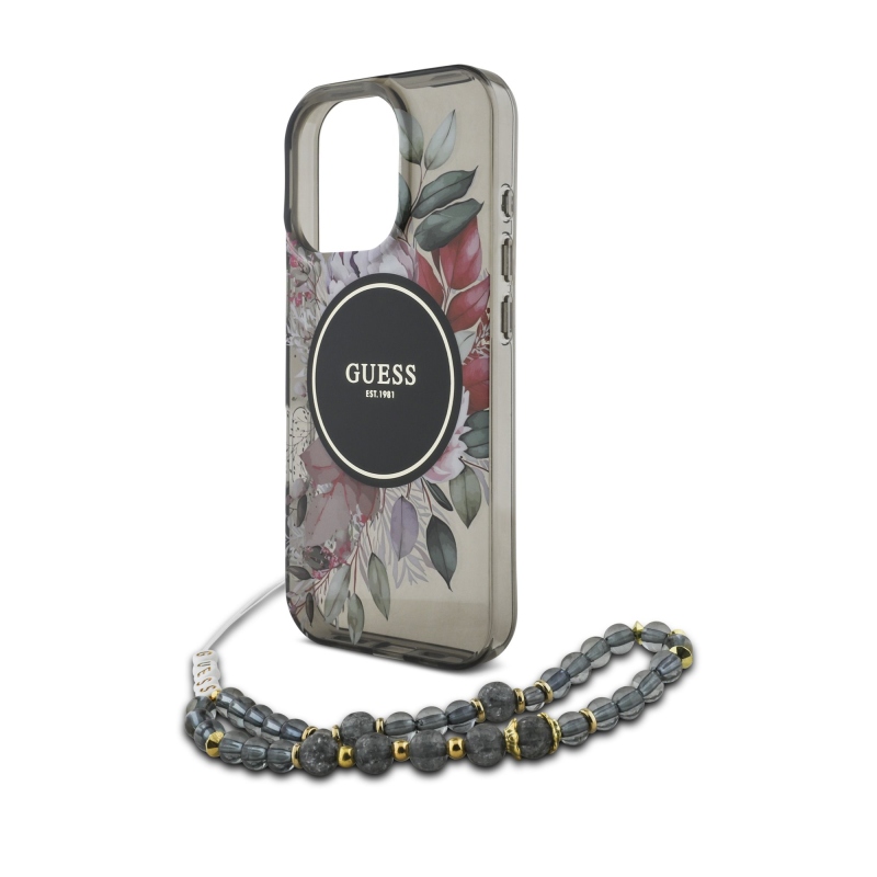 Guess IML Flowers Pearl Strap MagSafe hátlapi borító iPhone 16 Pro Max-hoz Fekete