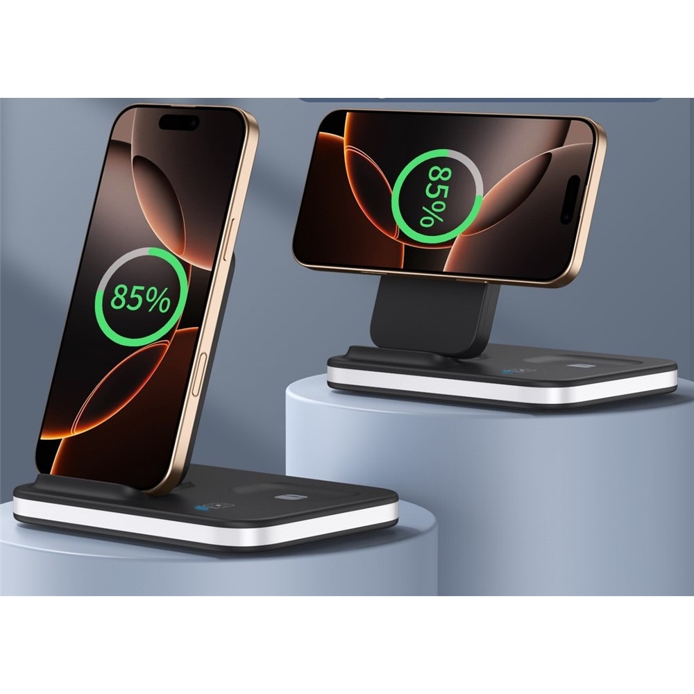 E16 Összecsukható Vezeték Nélküli Töltőállomás 3 az 1-ben Éjszakai Fénnyel - Fekete