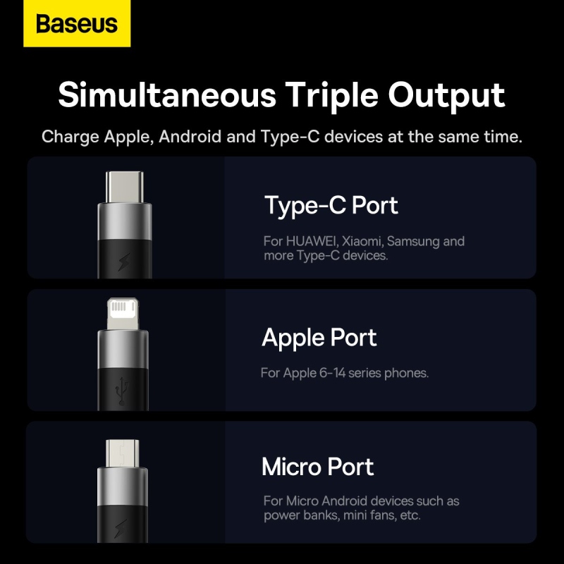 Baseus StarSpeed 3in1 gyors töltő adatkábel USB-A - USB-C/Lighting/MicroUSB 20W 3.5A 1.2m Fekete