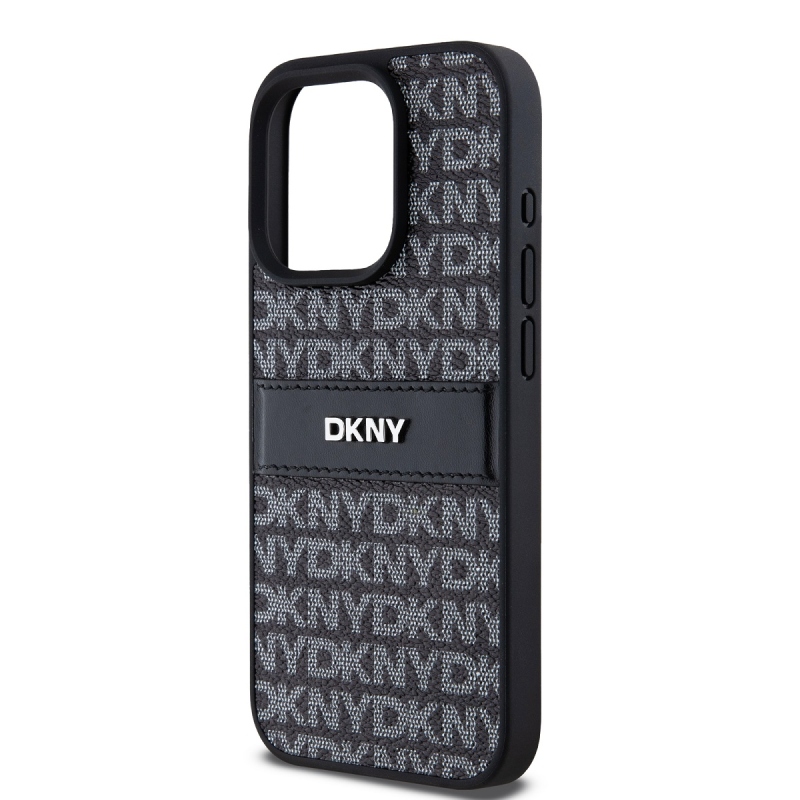 DKNY PU bőr ismétlődő mintás tonális csíkos hátlap iPhone 14 Pro Max-hoz Fekete