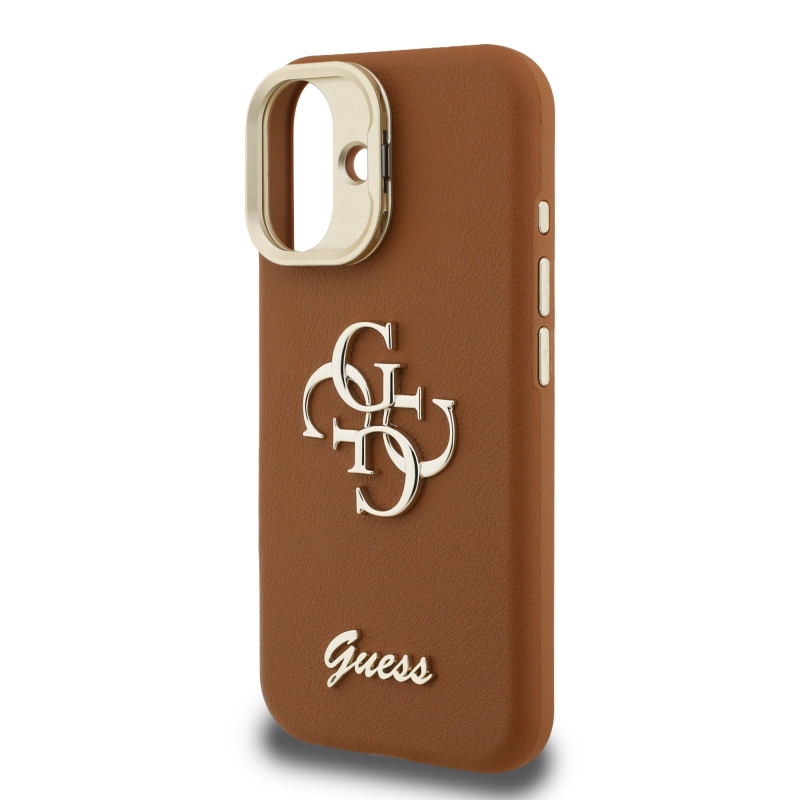 Guess PU szemcsés 4G Logo Stand Kamera keret hátlapi borító iPhone 16 barna barna