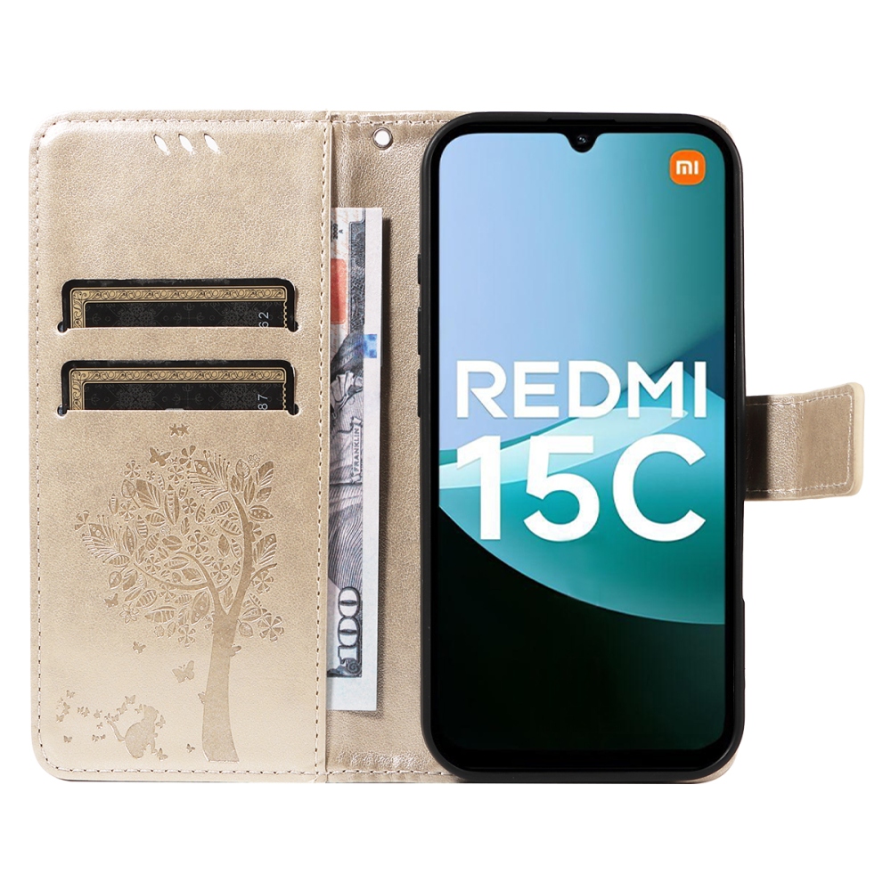 Fák könyv tok Xiaomi Redmi 15C 4G/5G (173mm) - arany színű