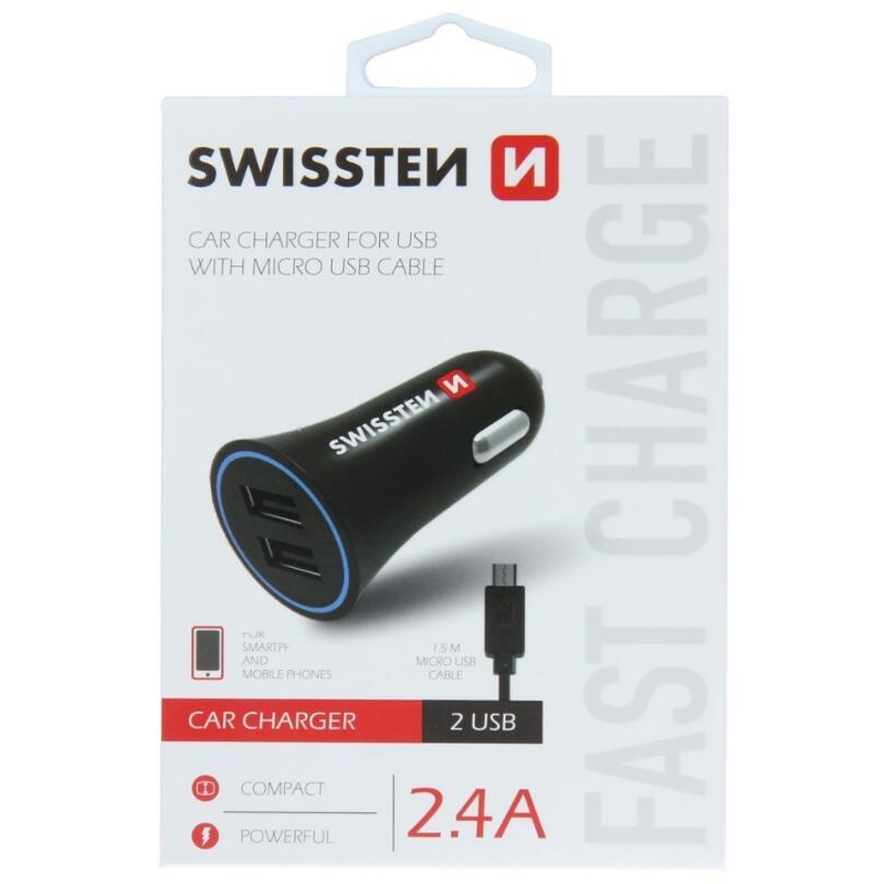 Autótöltő Swissten CL adapter 2.4A 2x USB + micro USB kábel - fekete