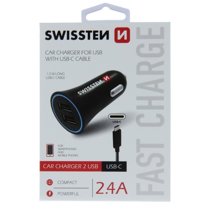 Swissten CL autós töltő adapter 2.4A 2x USB + USB-C kábel - Fekete