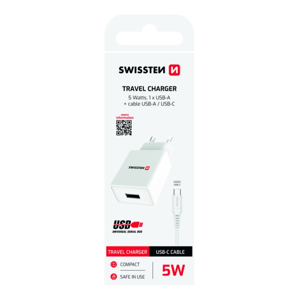 Swissten Smart IC töltő 1x USB 1A + USB/Type-C kábel 1.2m - fehér
